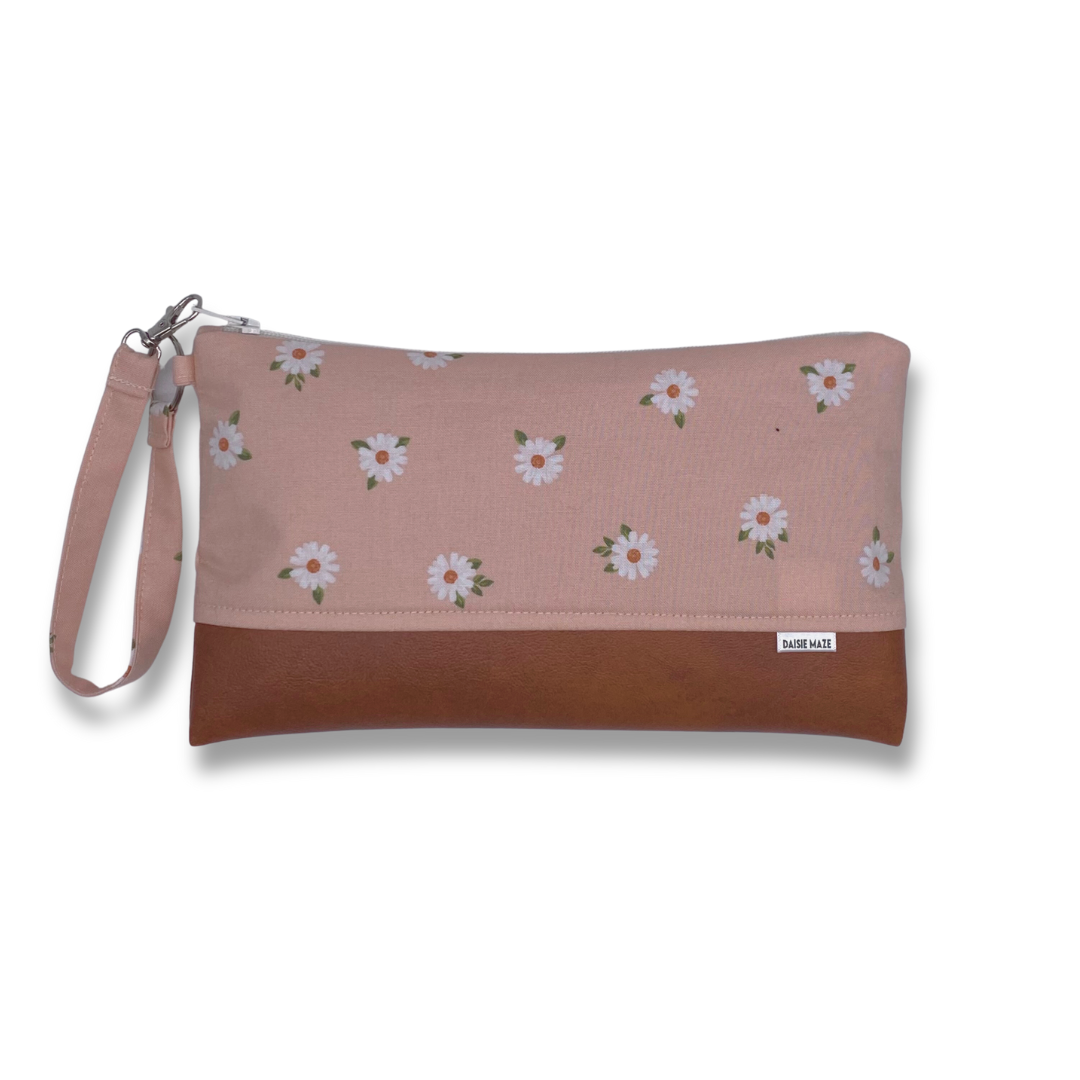 Pink Daisy Large Zipper Clutch
